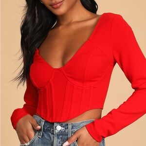 NWT Lulu’s Red Long Sleeve Bustier Crop Top